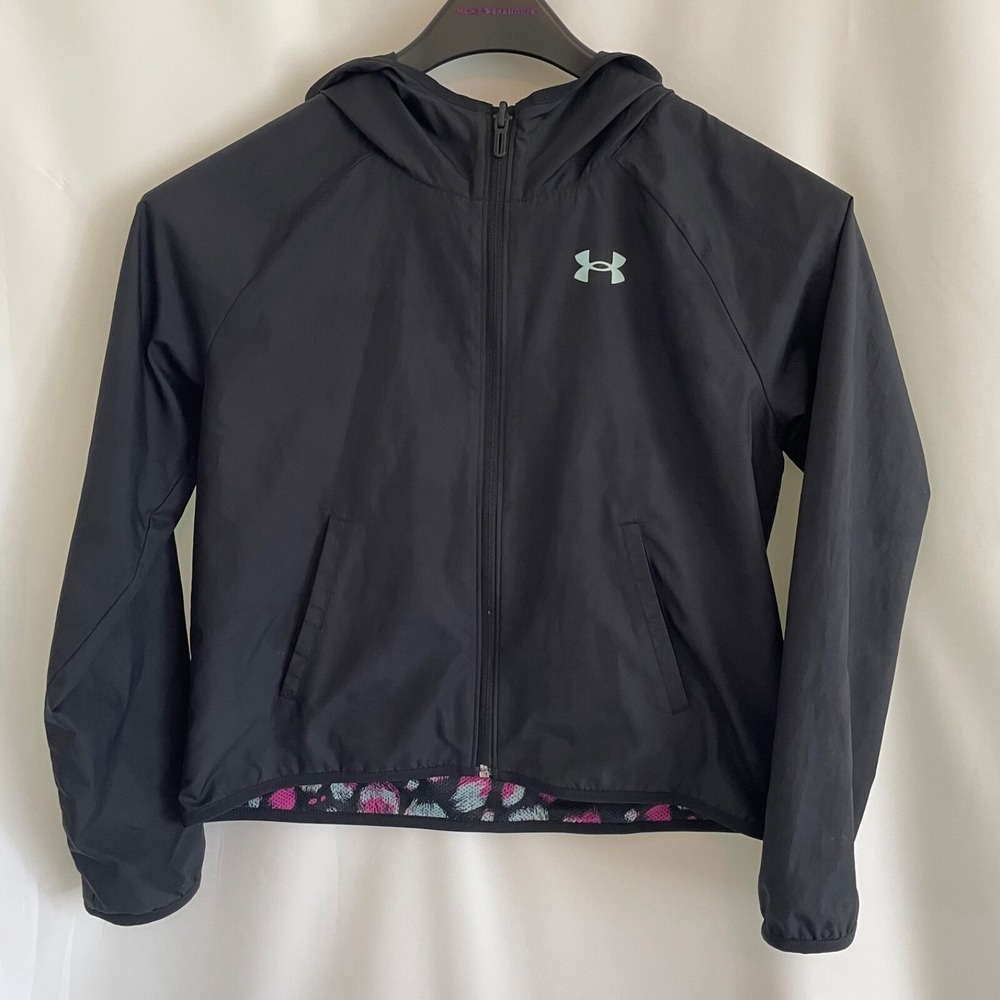 Under Armour Girls Reversible‎ Hooded Windbreaker Jacket Black Pink Leopard YLG